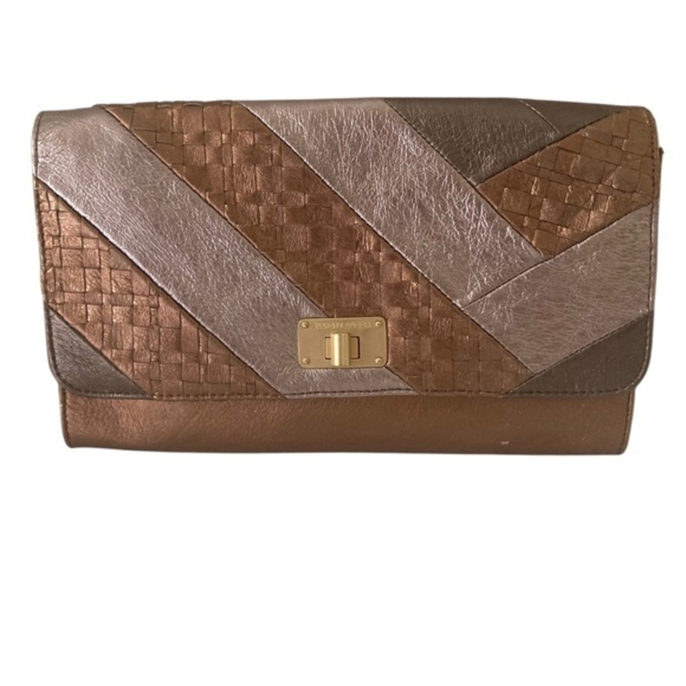 Elliott Lucca Woven Leather Clutch Brown Gold Patchwork Boho